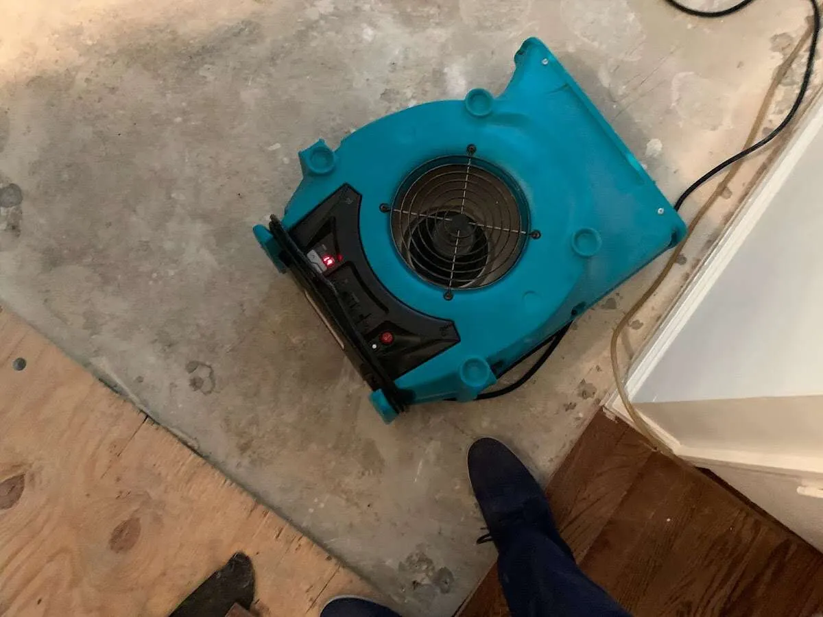 Air mover drying subfloor during Commercial Water Damage Restoration in Flossmoor